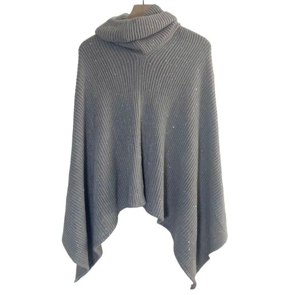Asymmetrical Cotton Blend Cowl Neck Poncho Womens Gray Hem Ribbed Sequin Grey - Picture 6 of 6